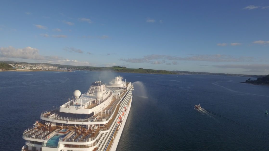 View of a cruise ship entering Falmouth Harbour