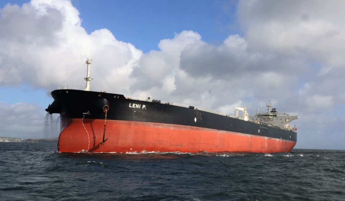 View to large commercial vessel from sea level