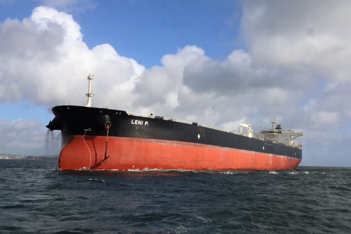 View to large commercial vessel from sea level