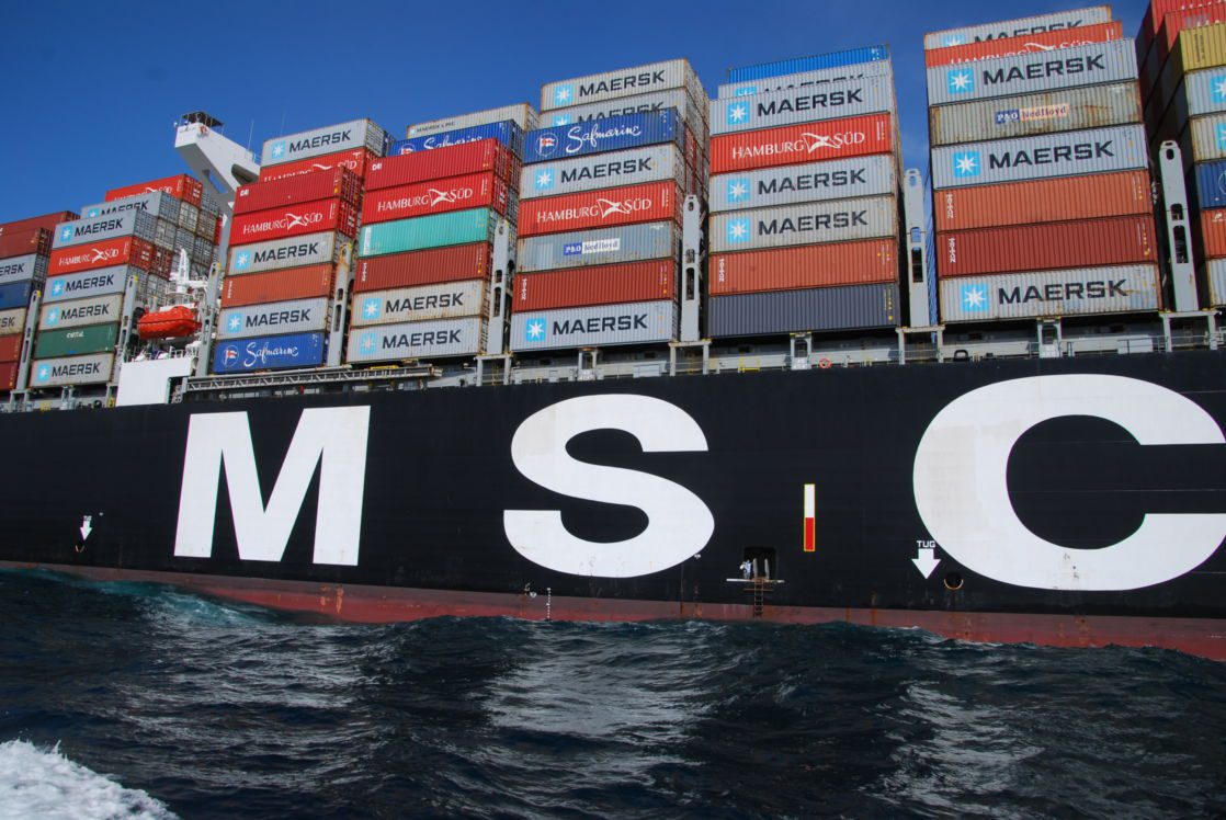 View to MSC container boat showing loaded containers